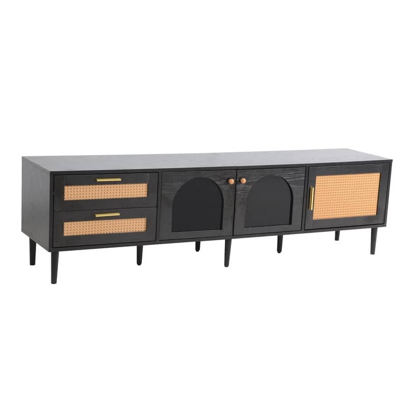 Rattan-Inspired 80'' Media Console with LED Lights & Ample Storage