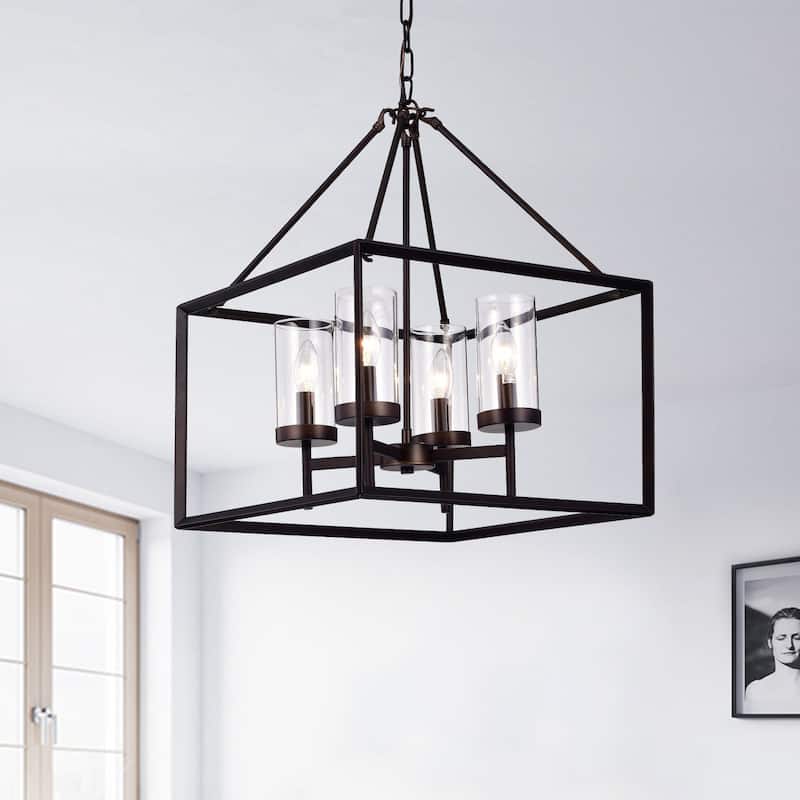 Clear Pillar Glass Antique Bronze 4-light Square Chandelier
