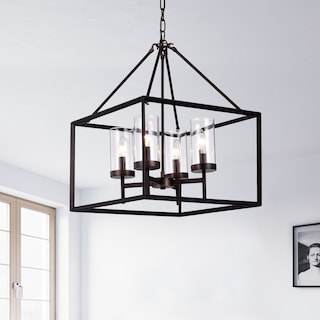 Clear Pillar Glass Antique Bronze 4-light Square Chandelier
