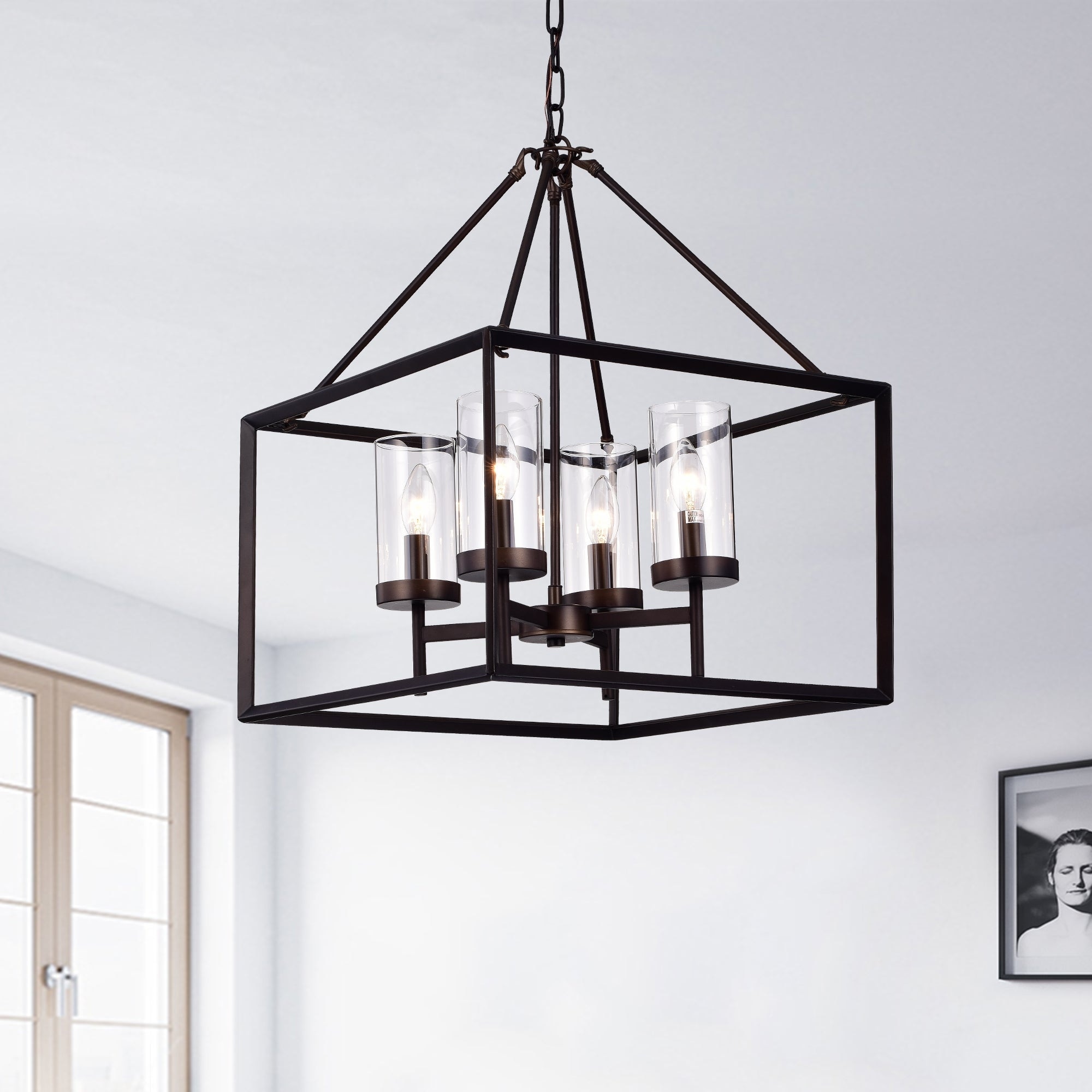 Warehouse of Tiffany Clear Pillar Glass Antique Bronze 4-light Square Chandelier