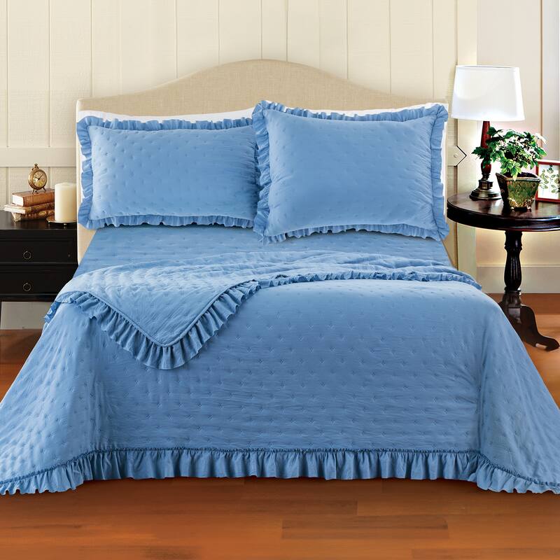 Textured Design Ruffled Border Solid Color Quilt - Dusty Blue - Twin