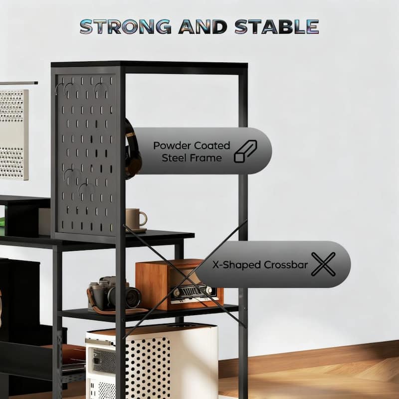 Gaming Desk with Storage and LED Lights, Computer Desk with Power Outlets USB C and Monitor Shelf for Home Office