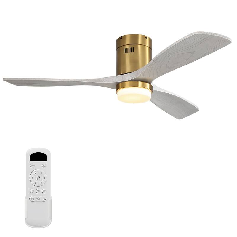 Sofucor 42/52 Inch Low Profile Flush Mount Ceiling Fan with Light,Remote Control,Solid wood/ABS Blades,Reversible Quiet DC Motor - 52 Inches - Gold with Gray Solid wood Blades