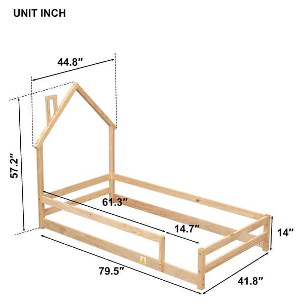 Twin Size Montessori Floor Bed with Fences, Wood Twin Kids Bed Frame