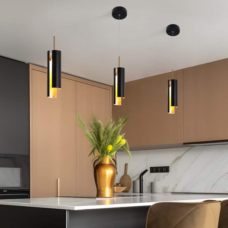 1-Light Modern LED Black Gold Kitchen Island Pendant Lights for Dining Room - 3.5" D x 14.5" H