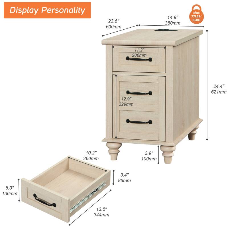 End Table with Charging Station, Side Table with Storage, 2 Power outlets & 2 USB Ports for Living Room