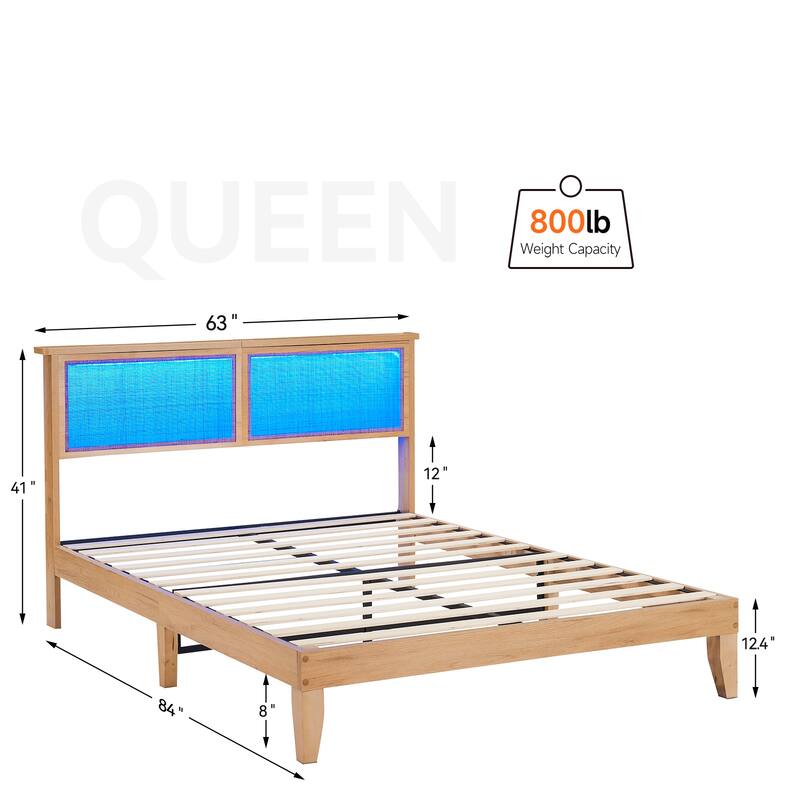 Bed Frame with Natural Rattan Headboard, LED Lights, No Box Spring Needed