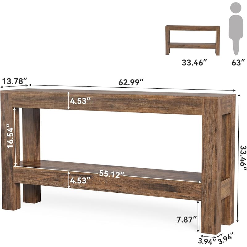 Brown MDF Console Table with 2-Tier Shelf and Rustic Entryway Design - 62.99” L x 13.78” W x 33.46” H