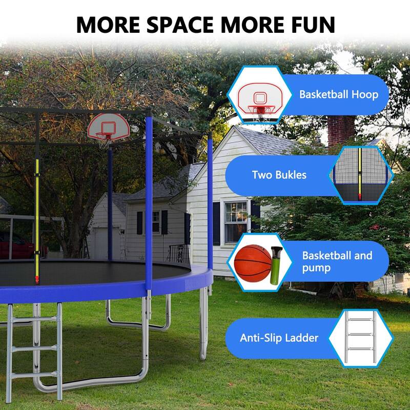 Outdoor Kids Trampoline with Basketball Hoop and Ladder, with Safety Enclosure for Backyard Fun