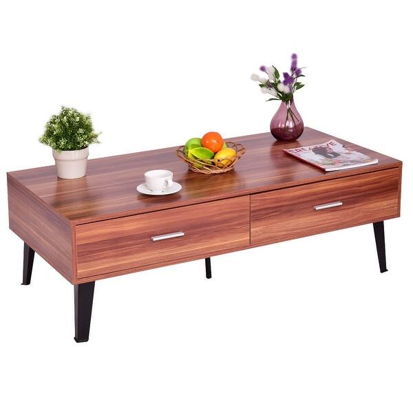 Shop Costway Coffee Table Wood Storage Drawers W Steel Legs