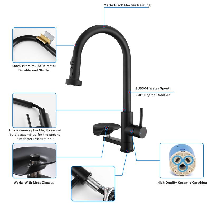 Modern 3-in-1 High-Arc Pull-Down Sprayer Kitchen Faucet with 3 Function Spray Mode & Press-Type Glass Rinser