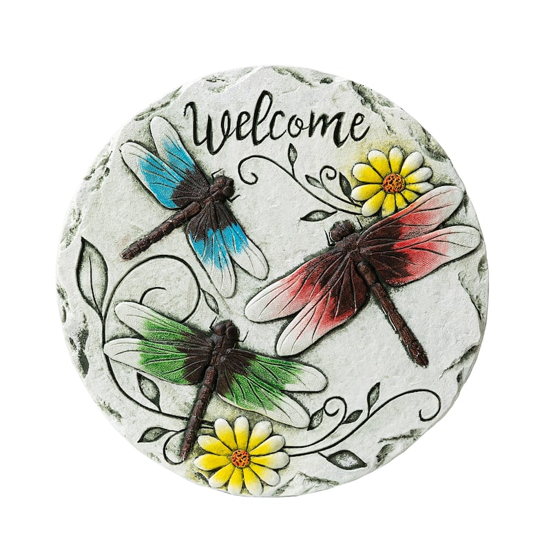 Glitzhome Set of 2 Cement Welcome Stepping Stones with Butterflies & Dragonflies - 9.75 in
