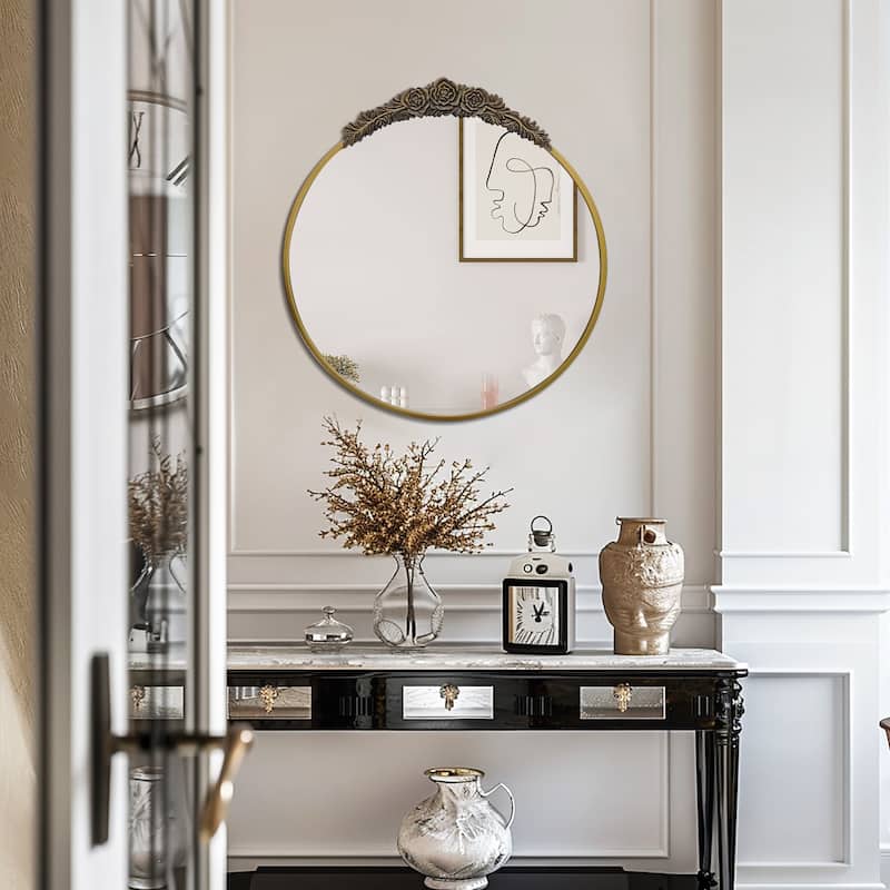 Traditional Round Mirror Antique Gold, Baroque Inspired Wall Decor