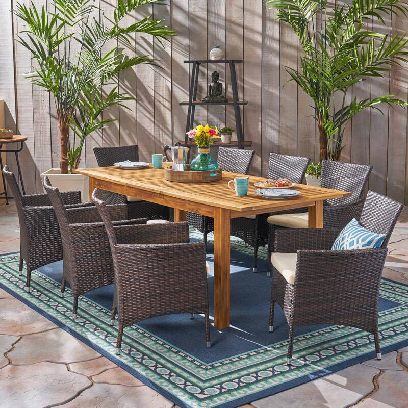 Nadia 9-piece Wood/ Wicker Expandable Dining Set by Christopher Knight Home - natural + multi brown + beige cushion