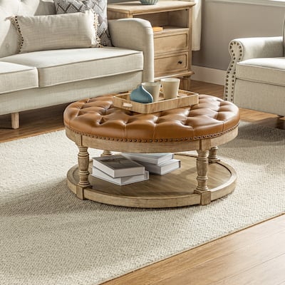 Dulcie Traditional Cocktail Vegan Leather Ottoman with Solid Wood Legs by HULALA HOME