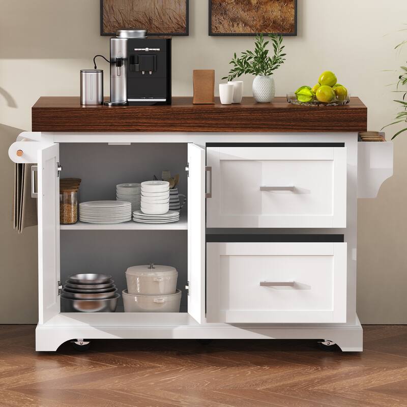53" Large Kitchen Island with 3.5" Thick Desktop, Spice and Towel Racks, Kitchen Island with Storage on 5 Wheels, 2 Drawers