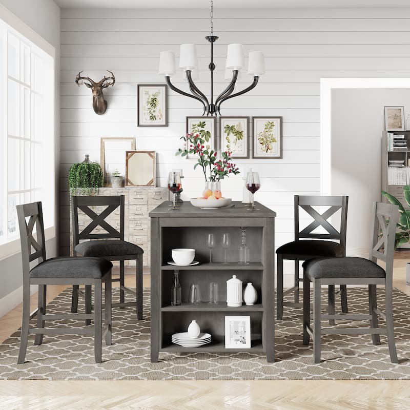 Rustic Farmhouse Dining Bar Height Dining Table with Triple Storage Rack and 4 Chairs, 5-Piece Dining Table and Chair Set
