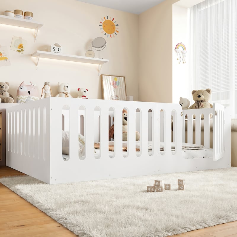 Queen Size Floor Bed with High Fence for Kids, Solid Wood Kids Montessori Bed with Door, No Box Spring Needed Design