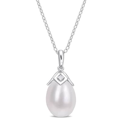 Miadora Sterling Silver Cultured Freshwater Pearl & Created White Sapphire Drop Necklace (8.5-9mm)