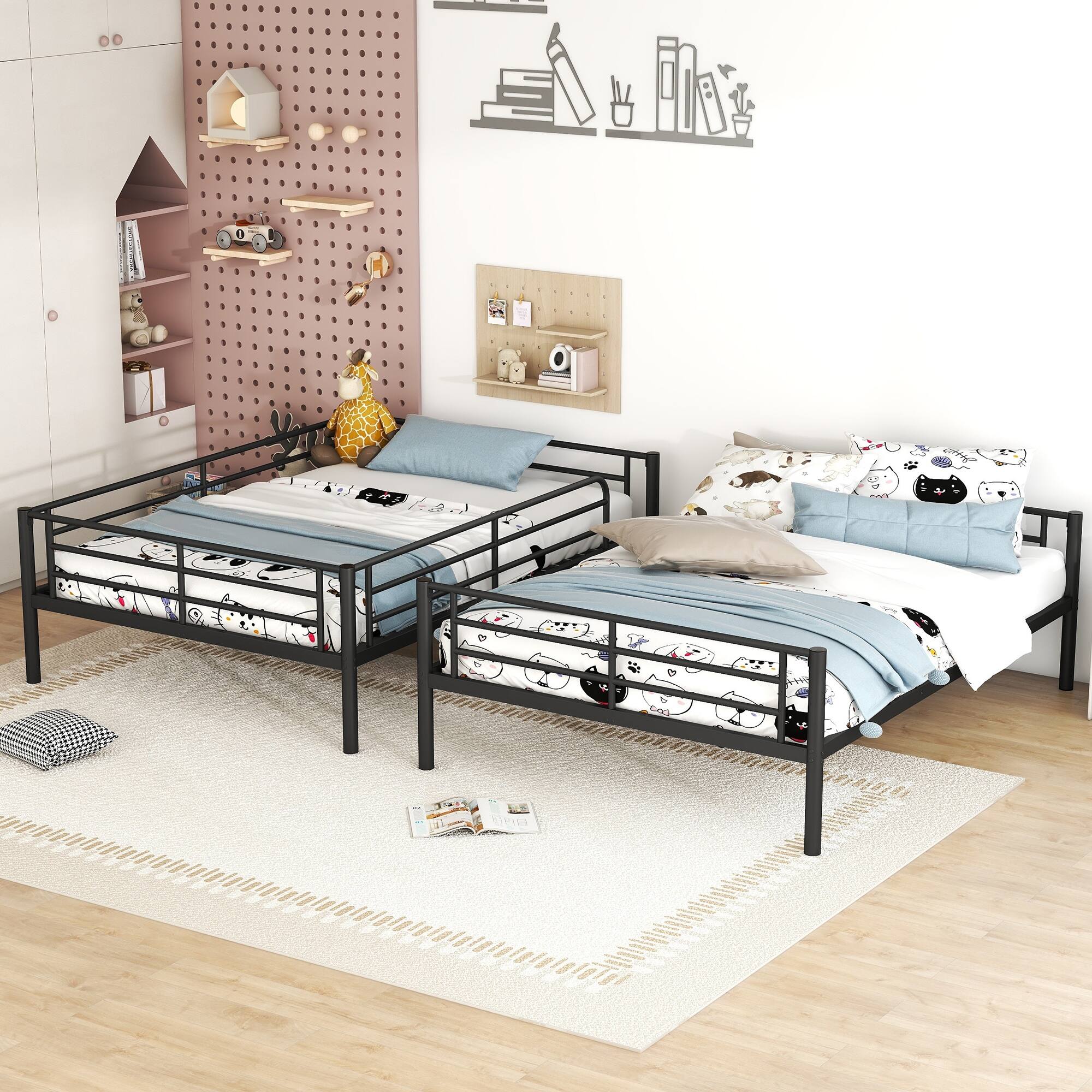Metal Bunk Bed Full Over Full with Ladder, Detachable Metal Bedframe