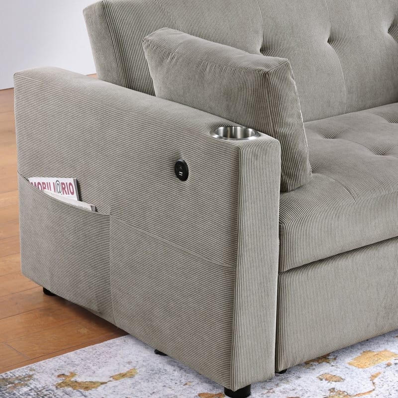Luelle 57"W Corduroy Convertible Sleeper Loveseat with Cupholders, USB Ports, Magazine Pockets, Pillows, Tufting