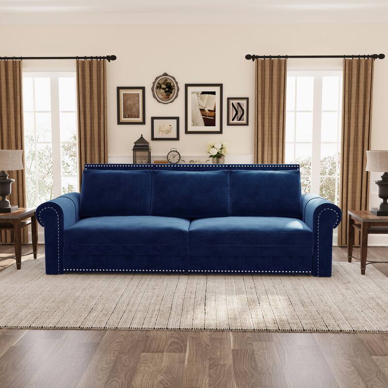 3-in-1 Folding Couch Bed, Convertible Sleeper Sofa w/ Rolled Arms, Velvet Upholstered Pull-Out Couches for Living Room