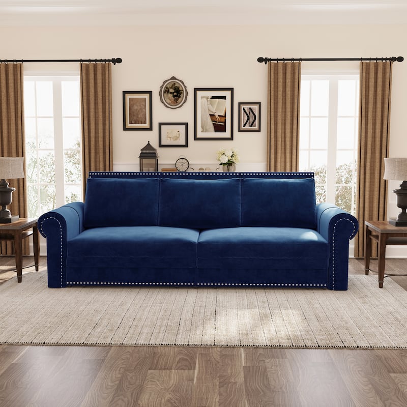 93.7" King Pull Out Sofa Bed w/ Nailhead Trim & Rolled Arm for Living Room Bedroom - Blue