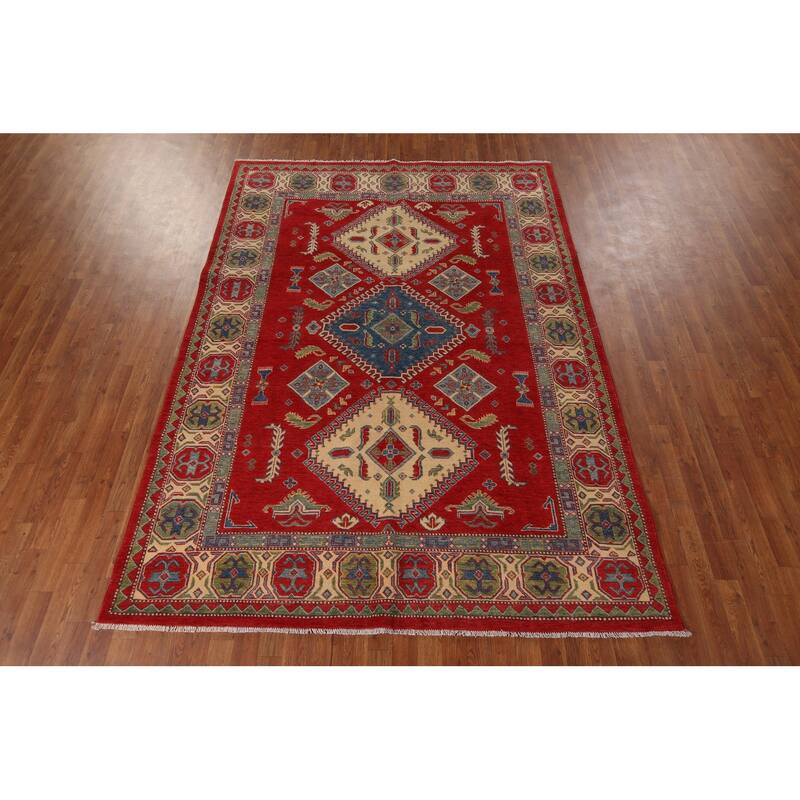 Geometric Kazak Oriental Rug Hand-Knotted Traditional Wool Carpet - 6'7" x 9'0"