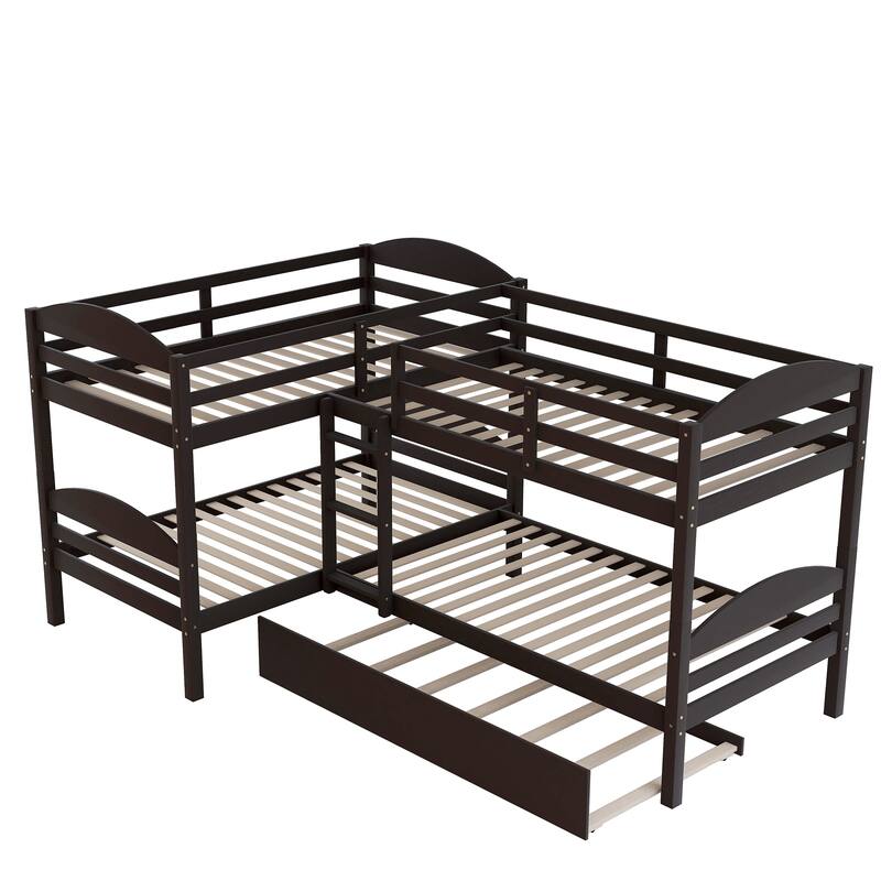 Twin L-Shaped Bunk Bed with Trundle Solid Pine Wood Convertible Beds