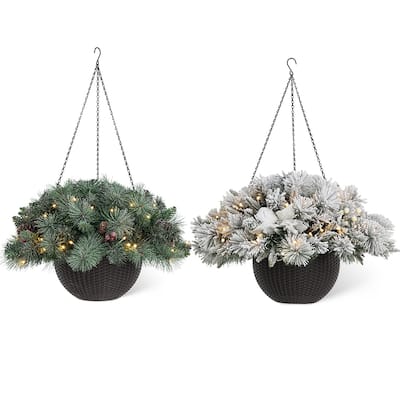 Glitzhome 2PK Pre-Lit Flocked Christmas Artificial Floral Hanging Baskets with Timer