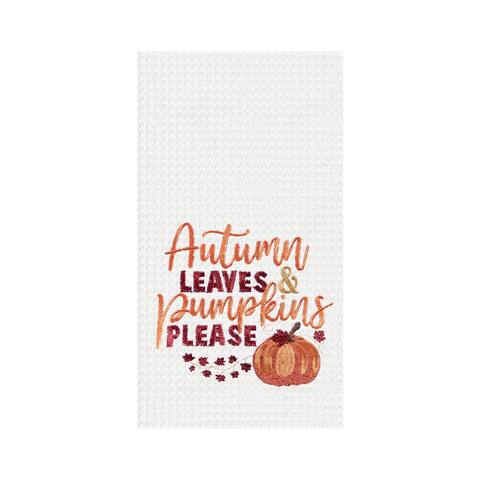 Autumn Leaves Pumpkins Please Embroidered Waffle Weave Kitchen Towel