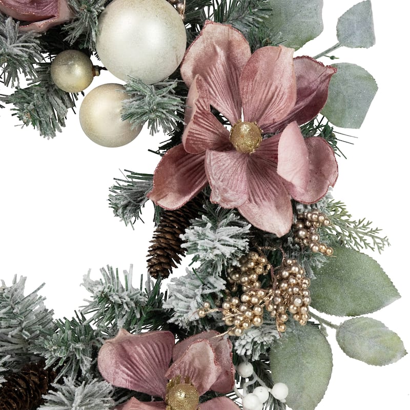 Pink Floral Ornament Frosted Pine Artificial Christmas Wreath 24-Inch