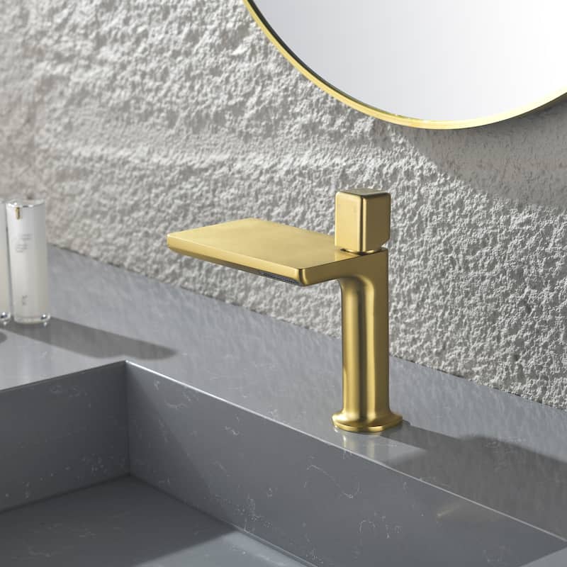 7.75"H Brass Waterfall Bathroom Sink Faucet, Vanity Single Handle One Hole Basin Modern Lavatory Faucet