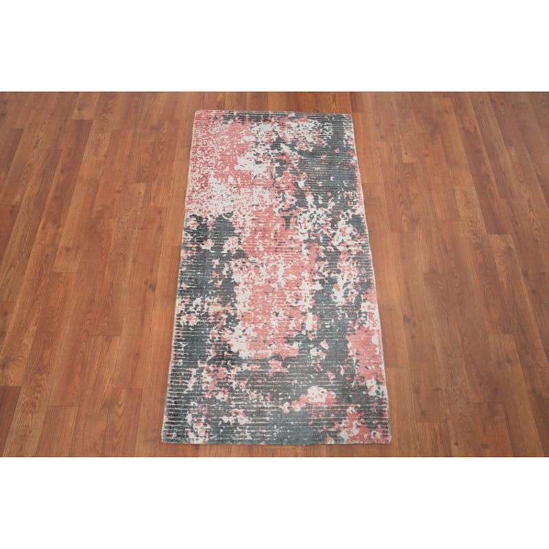 Hand Knotted Oriental Viscose Silk Carpet Modern All-Over Pink Abstract Area Rug - 4' 0'' X 2' 0''