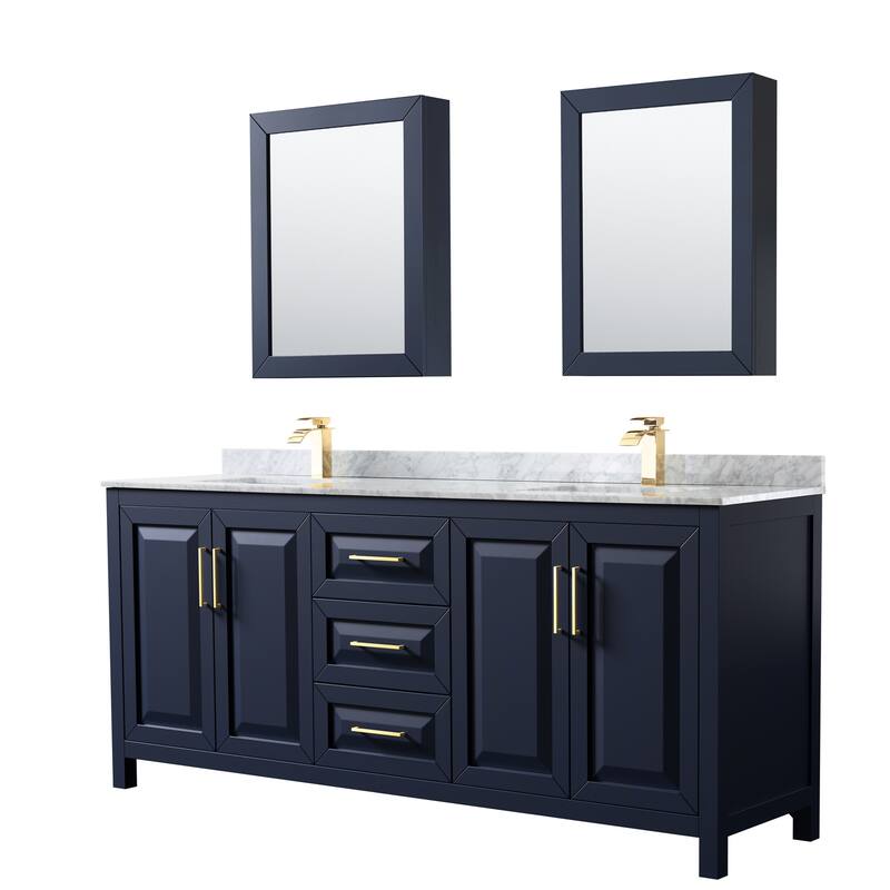 Daria 80-inch Double Vanity, Marble Top, Medicine Cabinets - Dark Blue, Gold Trim, White Carrara Marble Top