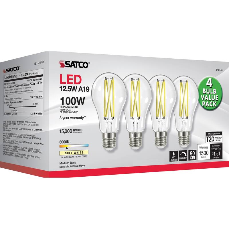 12.5 Watt A19 LED 100 Watt Replacement Clear Medium base 3000K 120 Volt 4-Pack