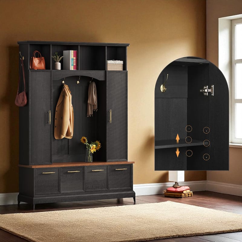 59 in Farmhouse Hall Tree with Golden Hooks & Handles, Walnut Bench, Adjustable Shelves, 76.7 in H Entryway Organizer