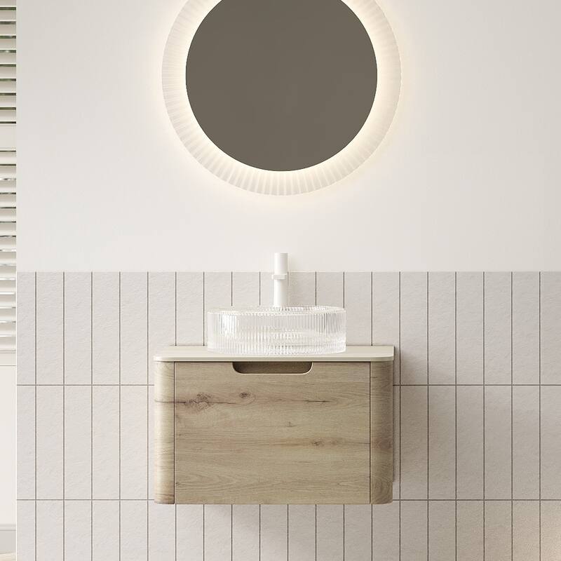 24" Bathroom Vanity with Sink, Floating Plywood Storage Cabinet with Drawer, Transparent Round Glass Basin - White,White Oak