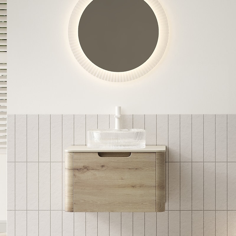 Floating Bathroom Vanity with Round Sink, Wall-Mounted Bathroom Storage Cabinet with Roma Travertine-Pattern Sintered Stone Top - White Oak + Round Glass Basin - 24 Inch