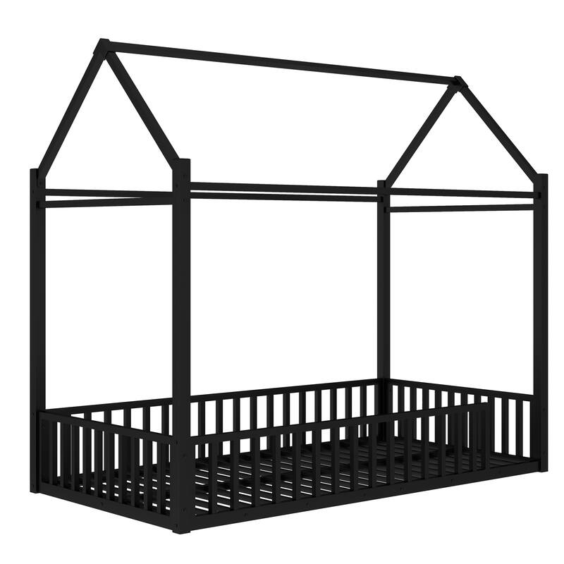 Roomfitters Metal Twin House Bed Frame with Guardrails & Detachable Slats, Convertible Floor to Loft Design, Black