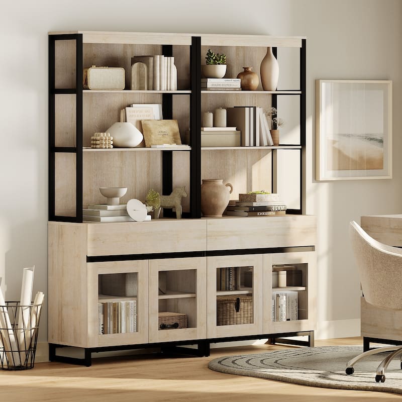 2 PCS Modern 72" Tall Buffet Cabinet with 2 Drawers and Open Shelves, Storage Cabinet for Dining Room or Kitchen