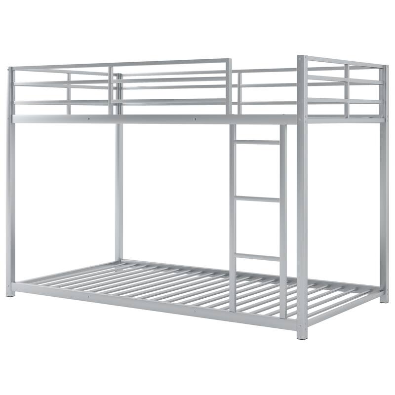 Twin over Twin Low Metal Bunk Bed with Ladder, Silver