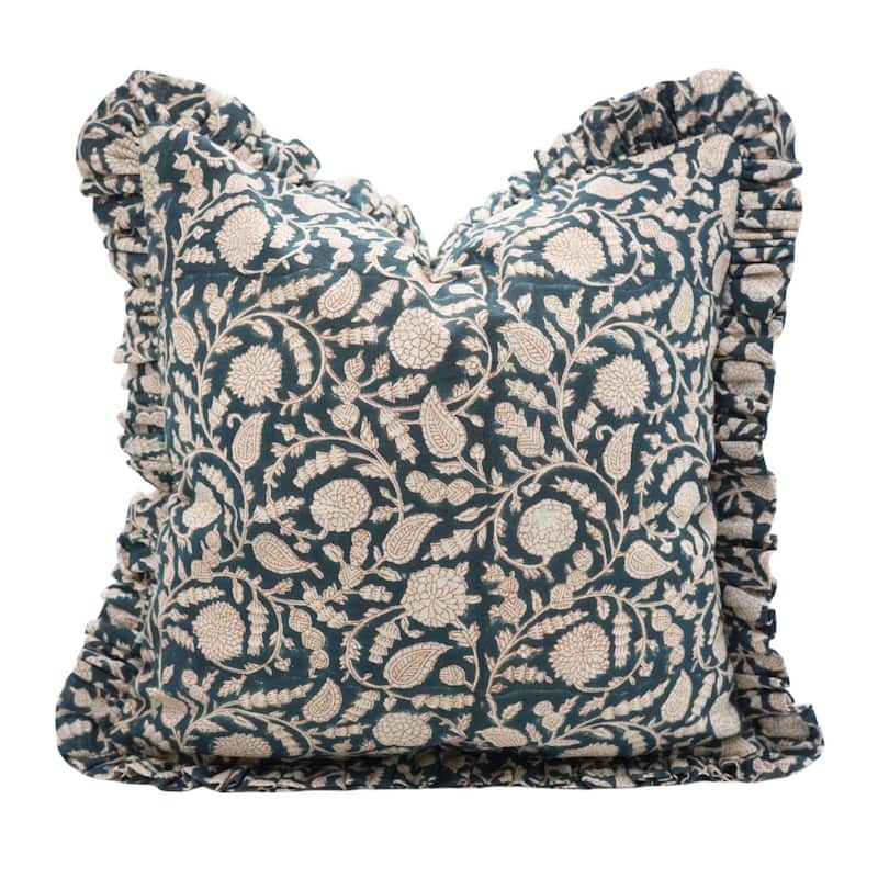 Fabdivine Handmade Block Print Floral Frill Both Side Soft Boho Pure Linen Pillow Cover - Gopi- Dark Blue, Brown - 16" x 16" - Cover Only