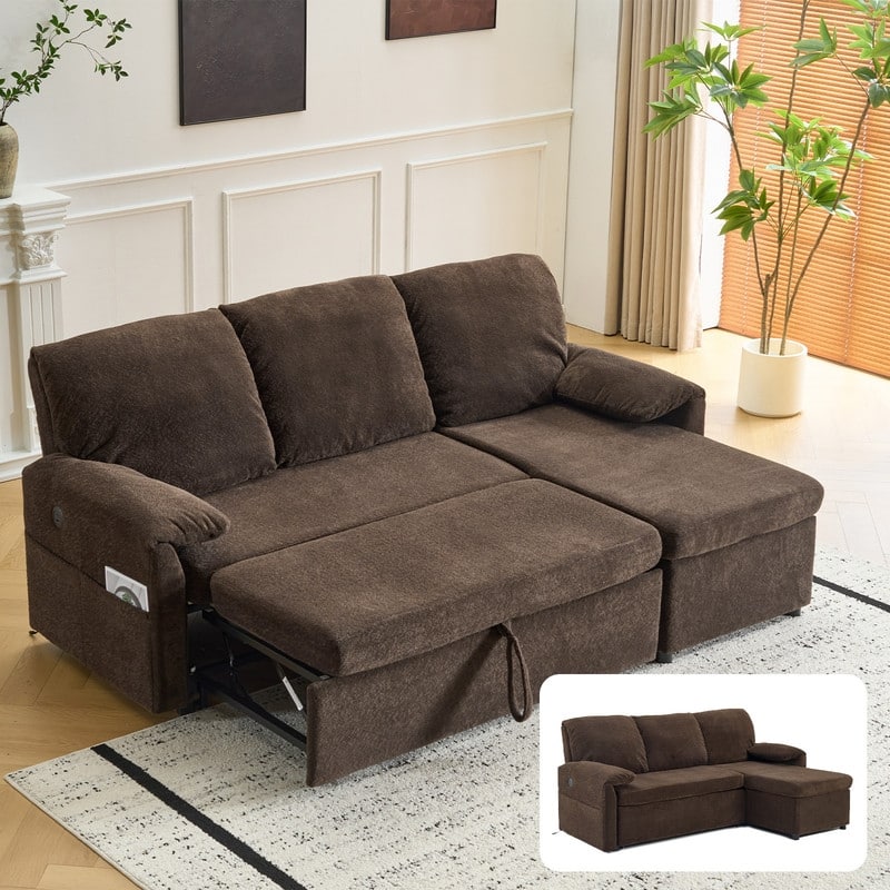 Modern L-Shaped Upholstered Velvet Sleeper Sectional Sofa bed with Chaise and Queen Pull Out Bed