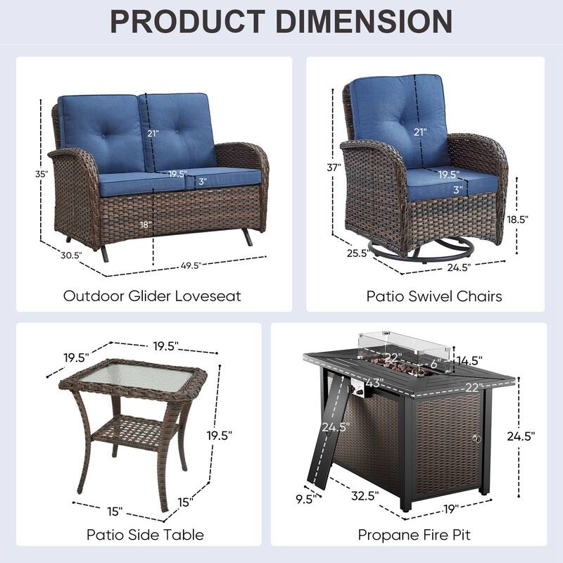 Patio Sofa Swivel Chair with Propane Fire Pit Table