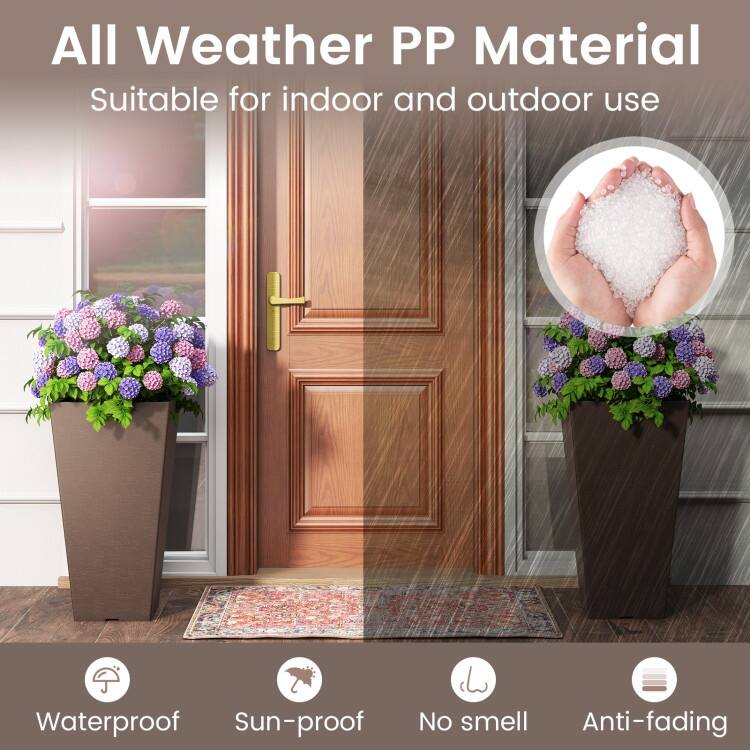 Brown PP Self-Watering Flowerpots Set of 2 with Removable Inner Bucket