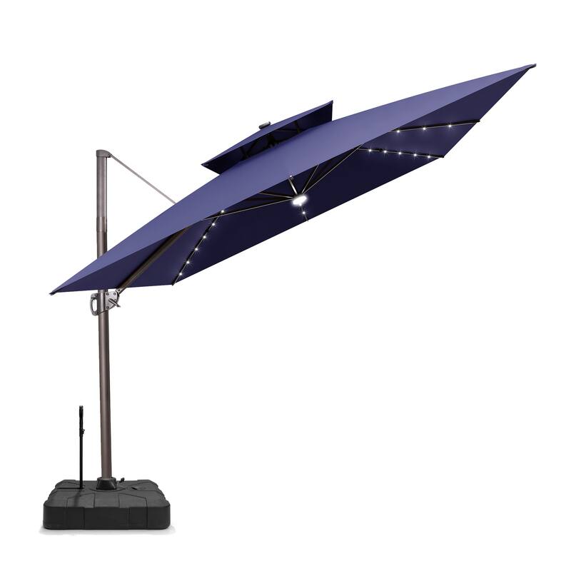11 FT Square Outdoor Patio Cantilever Umbrella with Solar Lights Rod Wheel Base Double Canopy 360 Rotation Tilt