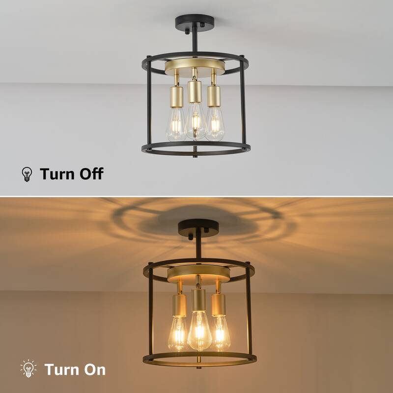 Starsky 3-Light 12inch Farmhouse Round Semi Flush Mount - Black&Gold