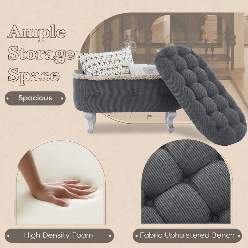 Roomfitters Upholstered Storage Bench with Button Tufted Top, End of Bed Bench with Fringe and Curved Legs
