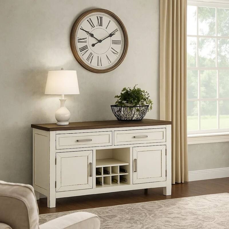 Ben 54 Inch Buffet Server, Brown Top, 2 Drawers, Wine Rack, Weathered White